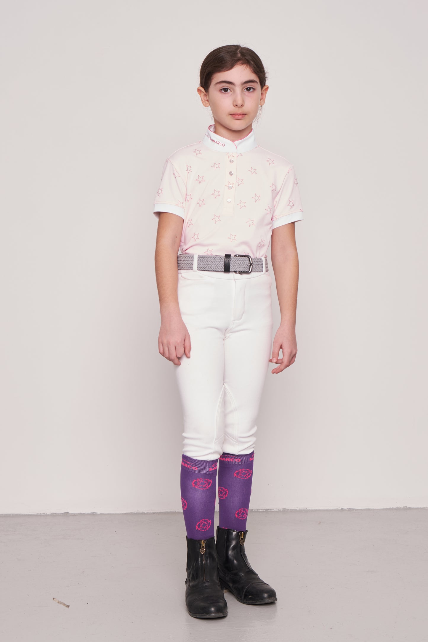 COMPETITION POLO GIRLS S/S RIDER PINK STARS PIQUET