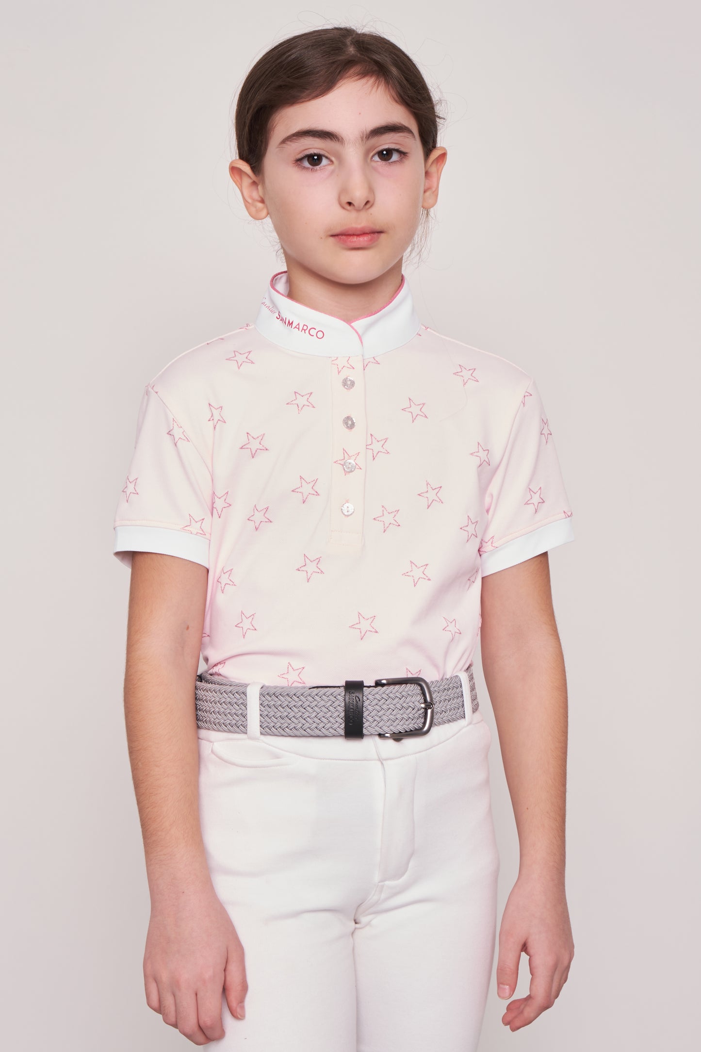 COMPETITION POLO GIRLS S/S RIDER PINK STARS PIQUET